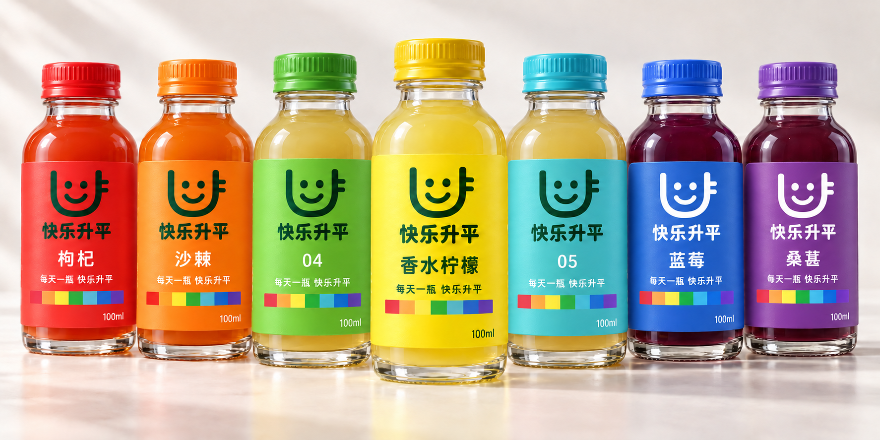 红、橙、黄、绿、青、蓝、紫七色100ml原汁瓶设计,黄色香水柠檬为主打